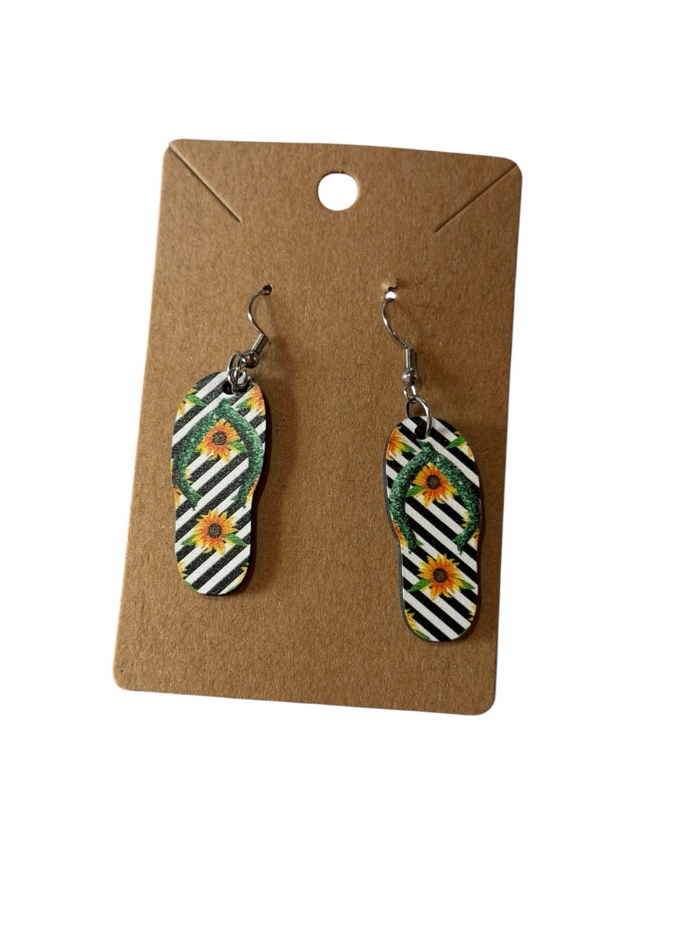Sunflower Stripe Flip-Flop Dangle Earrings - Black/White & Yellow